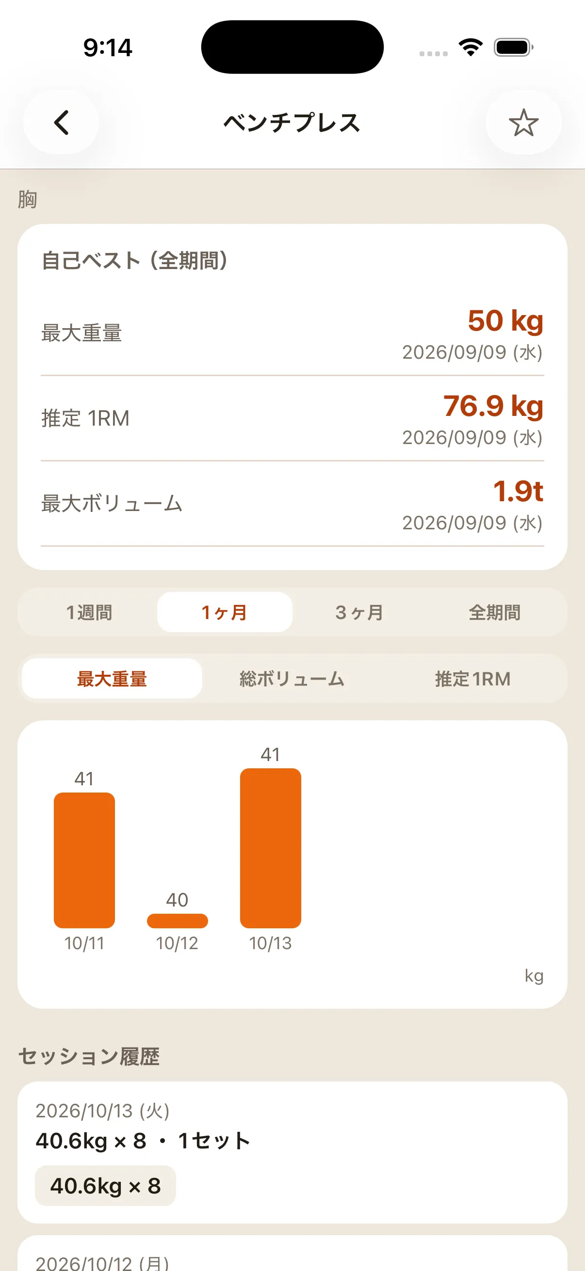 ごろもちの種目別記録画面。ベンチプレスの自己ベストと、最大重量の推移グラフ。